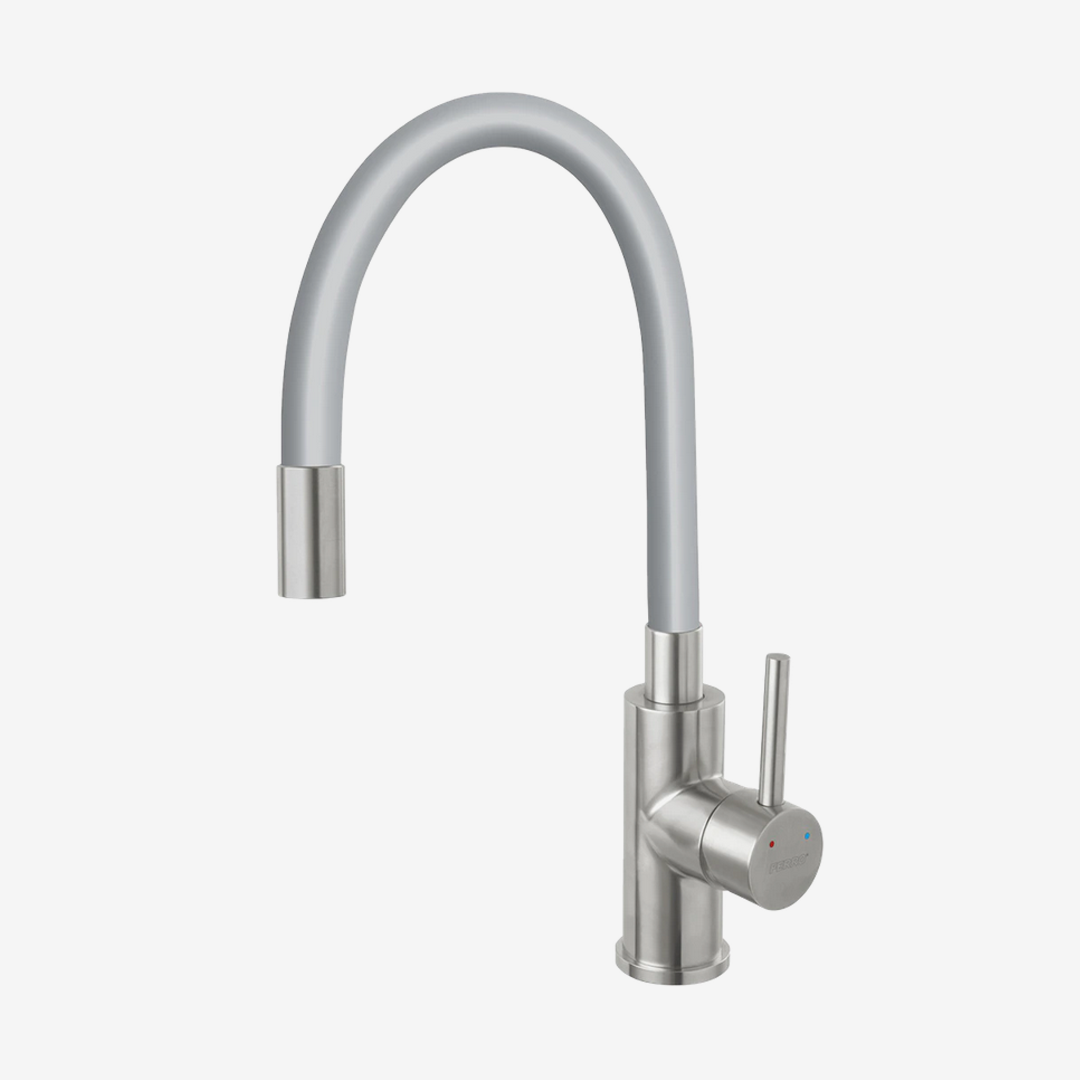 FERRO Baterie stativa bucatarie cu pipa elastica argintie Zumba Inox BZA4SSS